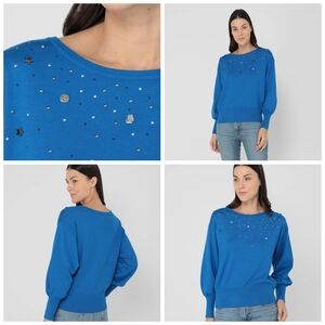 KARL LAGERFELD PARIS Hardware Embellished Balloon Sleeve blue Sweater(S)